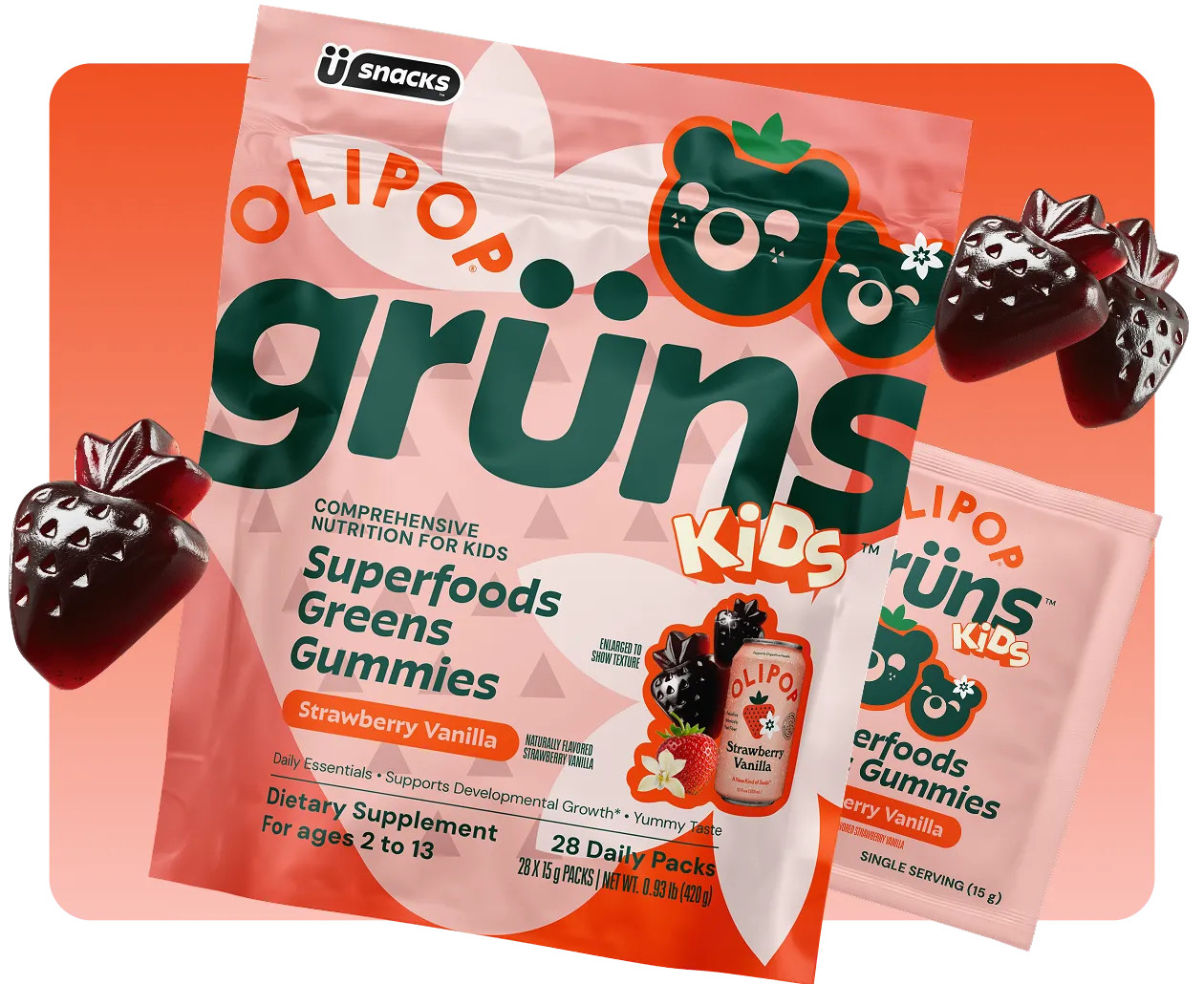 Gr\u00fcns Kids & OLIPOP\u00ae Strawberry & Vanilla Gummies | Gruns