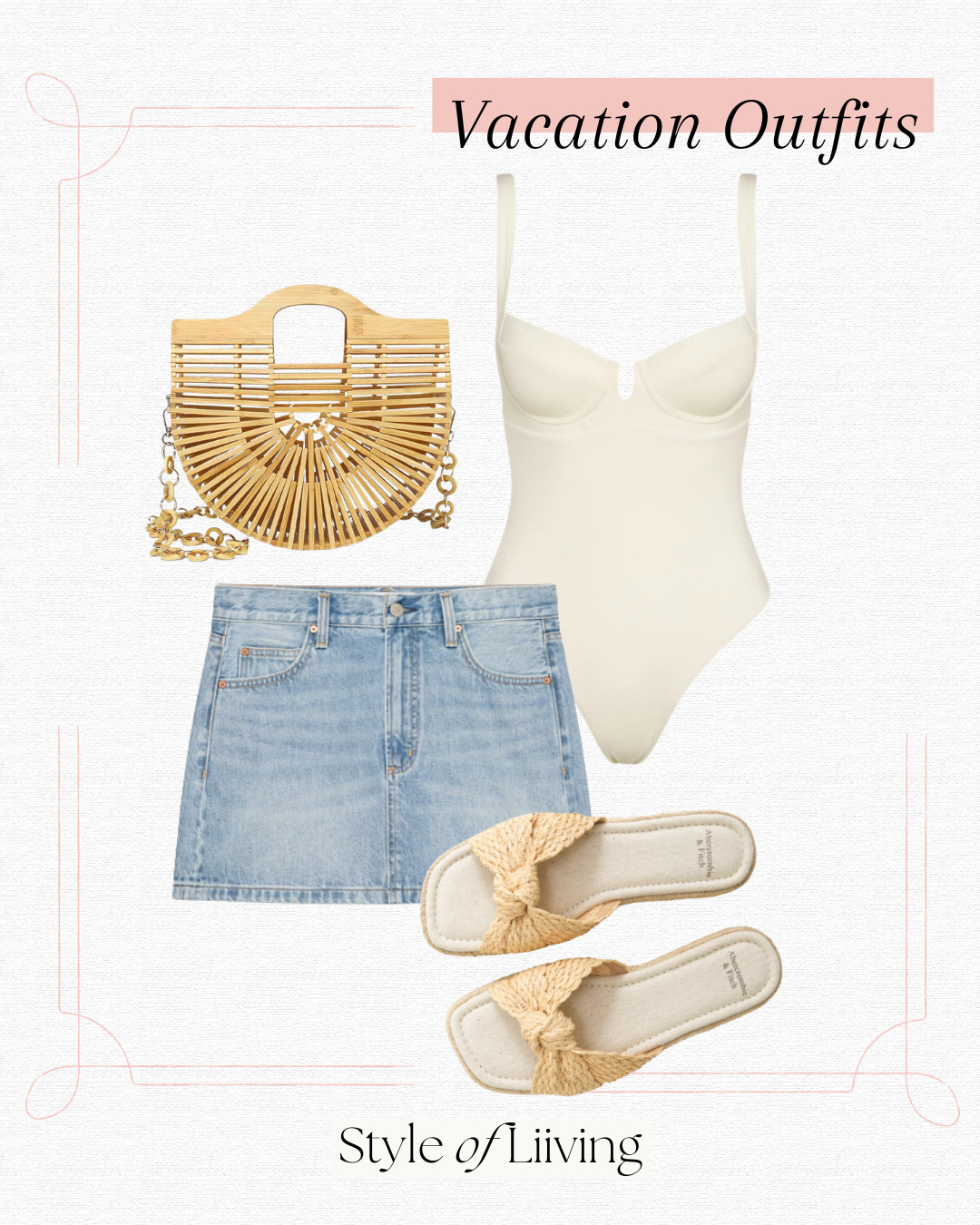 Vacation outfit ideas for women! Denim mini skirt paired with a one piece bathing suit and sandals and a bamboo tote bag. Women's fashion for a beach vacation! #abercrombieandfitch #mondayswimwear #onepieceswimsuit #bathingsuits #amazonfashion  

 #LTKootd #LTKSwim #LTKTravel