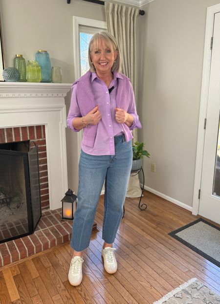 Style Tip: Layer on a double dose of color with this short shirt and cotton sweater, both in wisteria purple. Wear with blue or white jeans. All true to size  

#LTKover40 #LTKstyletip #LTKmidsize