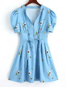 Half Buttoned Floral Lace Up Mini Dress | ZAFUL (Global)