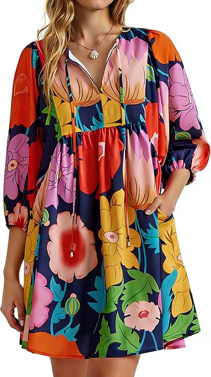 Yousify Womens Summer Dresses Floral Mini Babydoll Dress V Neck Puff Sleeve Loose Fit Boho Beach ... | Amazon (US)