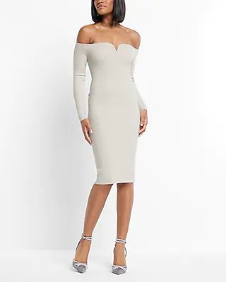 Metallic Ribbed Off The Shoulder Long Sleeve V-wire Midi Sweater Dress | Express