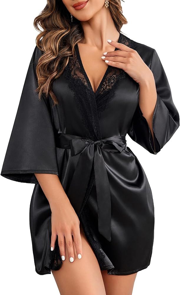Avidlove Women's Kimono Robe Short Satin Pure Short Silky Robes | Amazon (US)