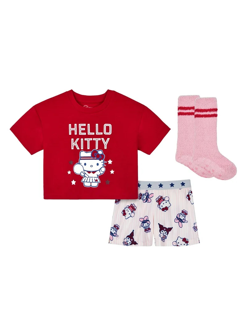 Wonder Nation x Hello Kitty Girls Short Sleeve Top and Shorts Pajama Set with Socks, 3-Piece, Siz... | Walmart (US)