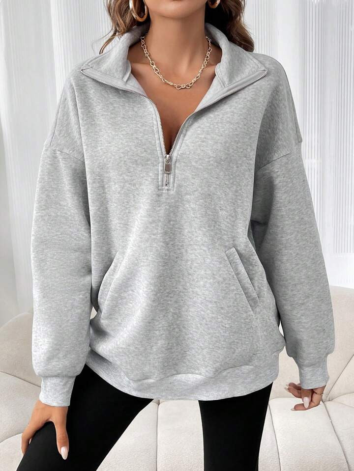 SHEIN LUNE Women's Solid Color Half-zipper Drop Shoulder Sweatshirt With Zipper | SHEIN