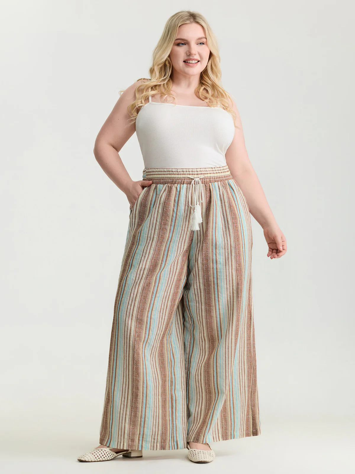 Cotton Striped Drawstring Wide Leg Pants | Bloomchic