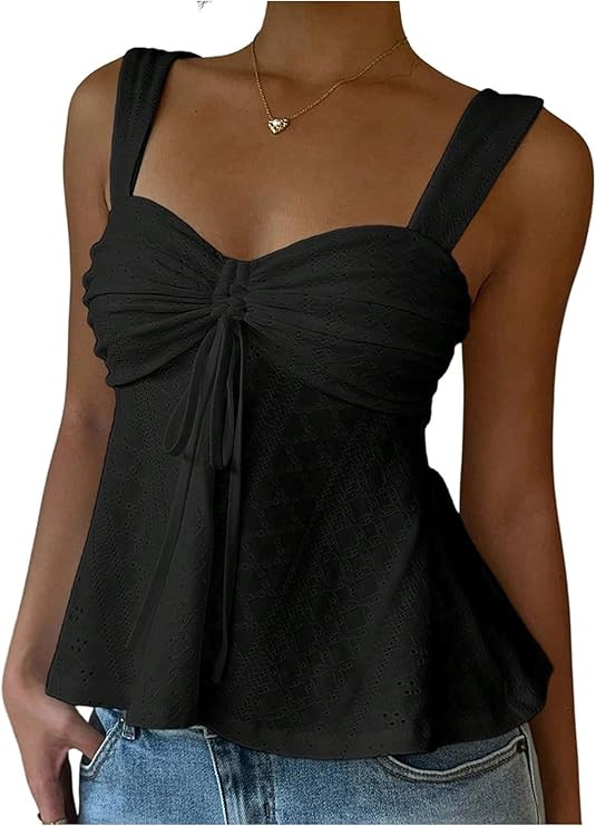 Milumia Women's Eyelet Tie Front Ruched Tank Tops Y2k Drawstring Sexy Going Out Top | Amazon (US)