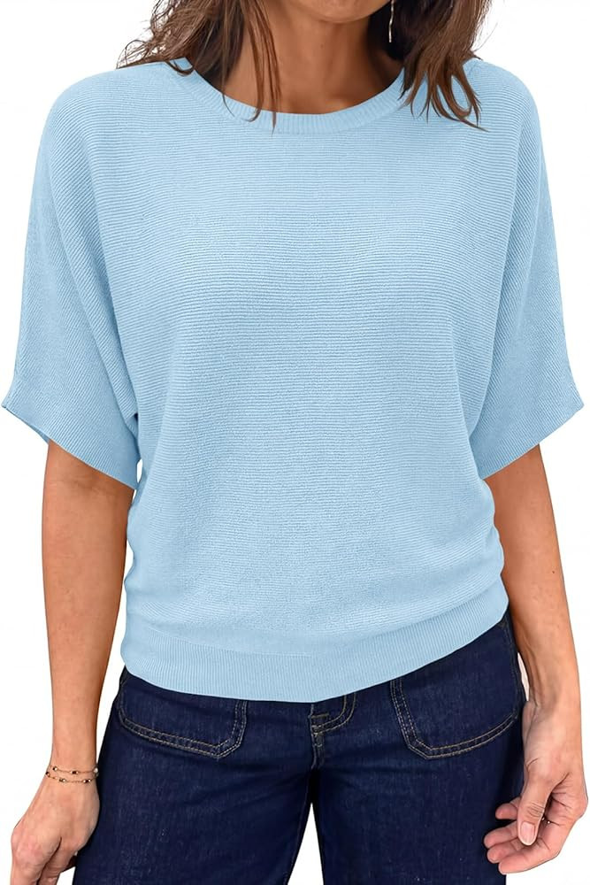 Saodimallsu Womens Short Sleeve Sweater Summer Batwing Trendy Casual Boat Neck Lightweight Loose ... | Amazon (US)