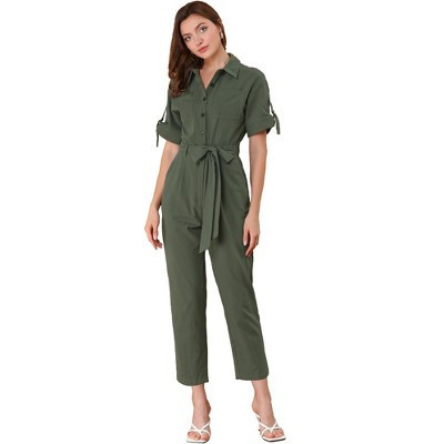 INSPIRE CHIC Women's Short Sleeve Collared Solid Color Button Down Tie Waist Cargo Jumpsuit Small Green | Target