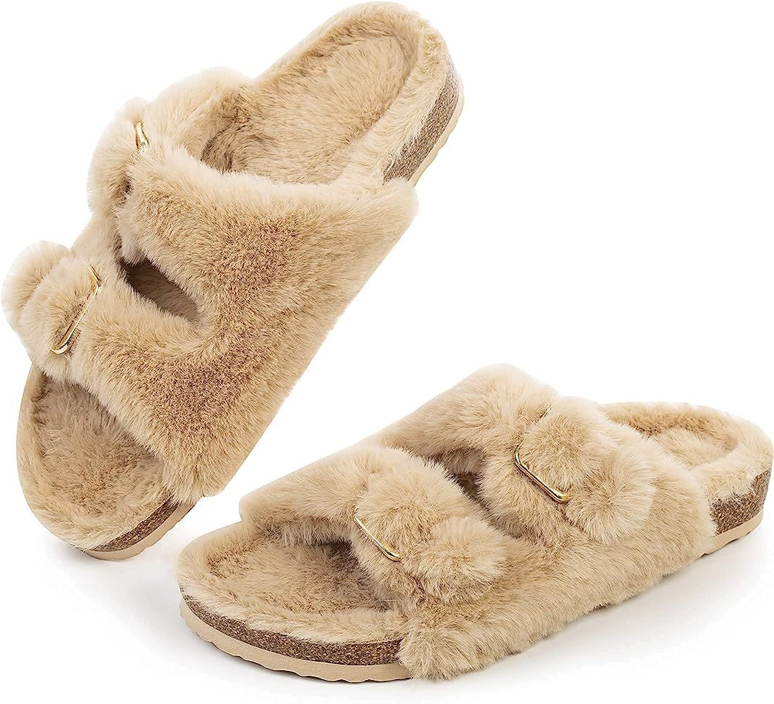 FITORY Womens Open Toe Slipper with Cozy Lining,Faux Rabbit Fur Cork Slide Sandals Size 6-11 | Amazon (US)