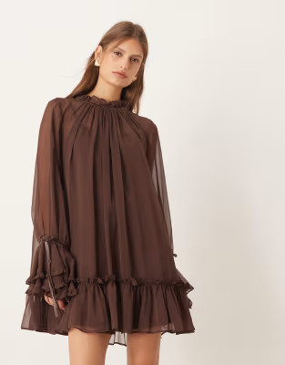 ASOS DESIGN smock mini dress with tiered ruffle cuff and velvet bows in chocolate | ASOS (Global)
