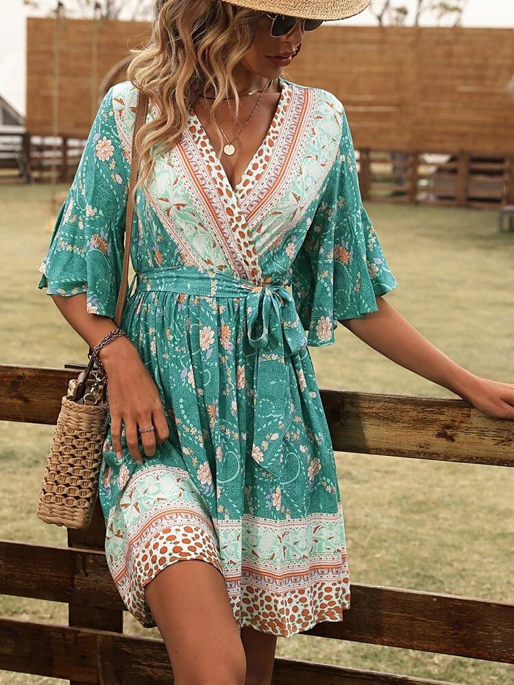 Floral Print Flounce Sleeve Belted Dress | SHEIN