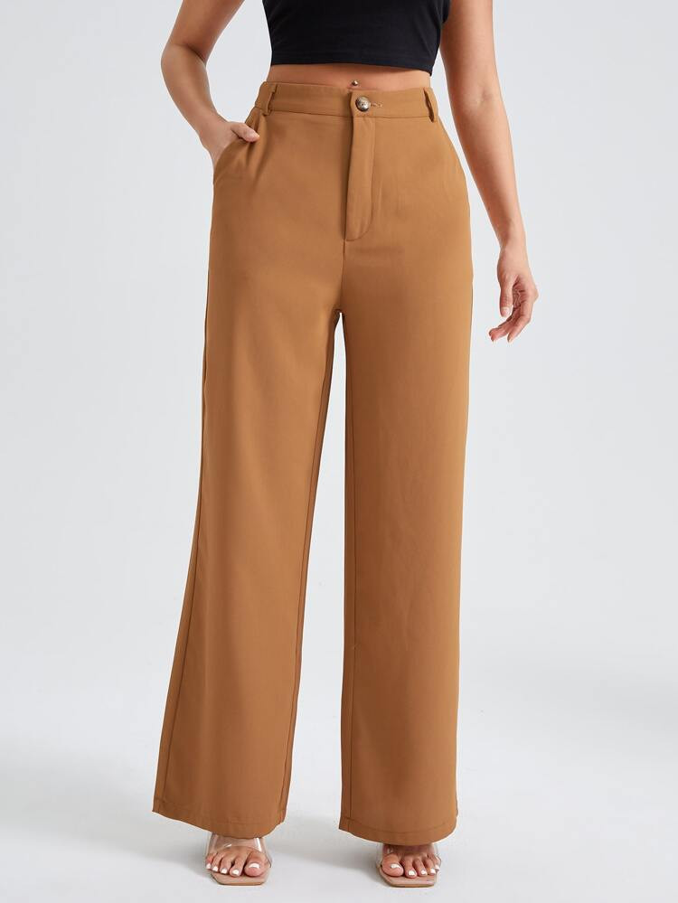 SHEIN EZwear Solid Zipper Fly Wide Leg Pants | SHEIN