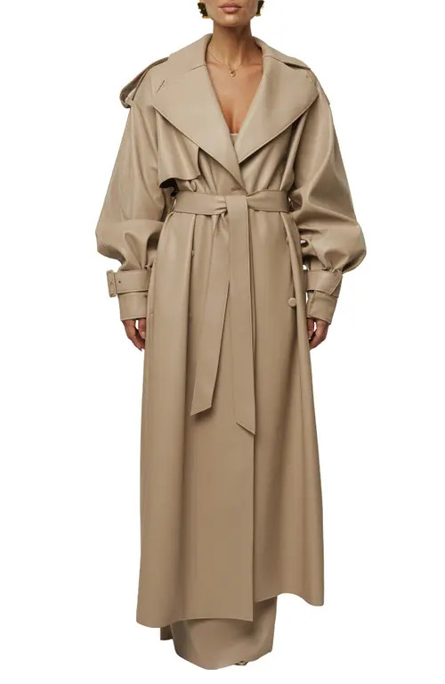 JLUXLABEL Icon Double Breasted Faux Leather Trench Coat in Tan at Nordstrom, Size Large | Nordstrom