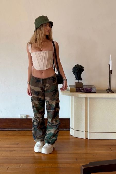 ootd 🍀 

Camo Cargo Pants, Lace Up Side Corset Top, Bucket Hat, Jacquemus, Gucci, Clogs, Neutral Outfit, Summer Evening Outfit, Country Concert Outfit 

#LTKunder100 #LTKunder50