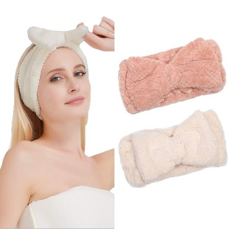 JONKY Bow Spa Headbands White Soft Coral Fleece Makeup Hair Bands Stretchable Shower Head Wraps for  | Walmart (US)