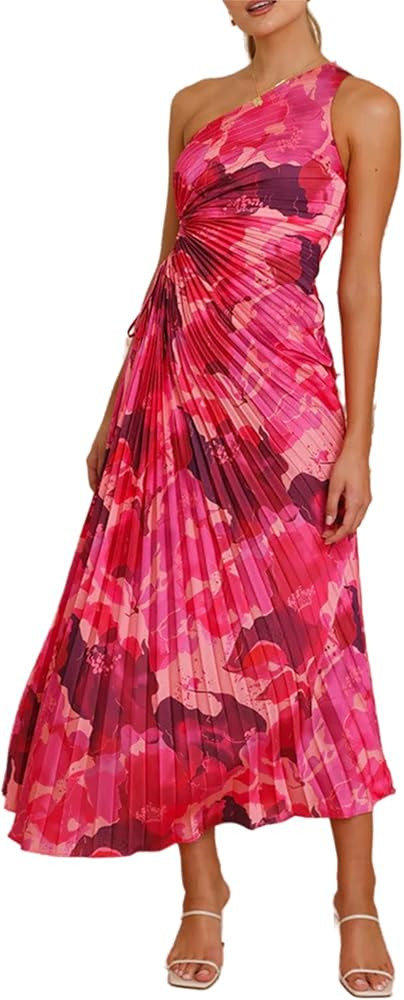 crazynekos Women's One Shoulder Maxi Dress Summer Pleated Sleeveless Side Hollow Out Dress | Amazon (US)