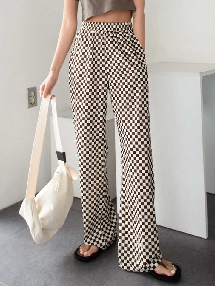 DAZY Checkered Slant Pocket Straight Leg Pants | SHEIN