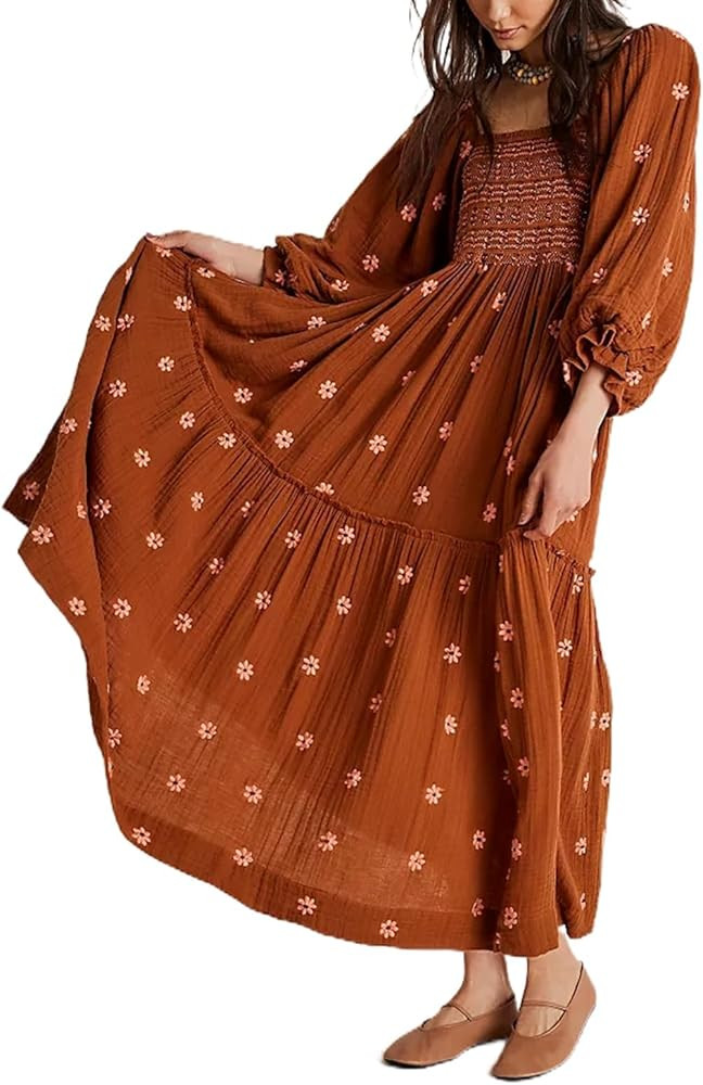 Women's Elastic Waist Flower Embroidered Maxi Dress Lantern Sleeve Square Neck Tiered Flowy Maxi ... | Amazon (US)