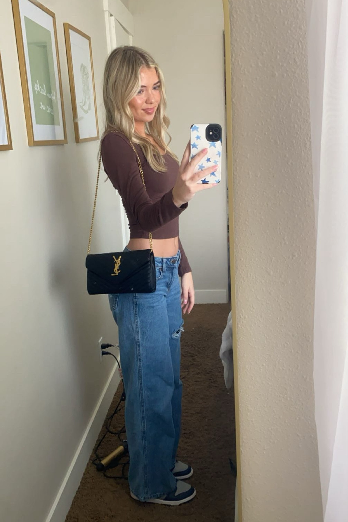 cute outfit inspo! shirt size S, pants 23, shoes fit normal!

everyday outfit inspo, ysl, nike dunks, purse, denimm