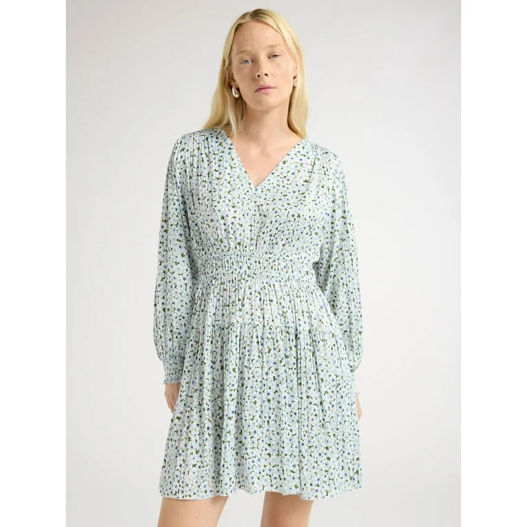 Scoop Women's and Women's Plus Crinkle Satin V-Neck Shirred Mini Dress with Long Sleeves, Sizes X... | Walmart (US)