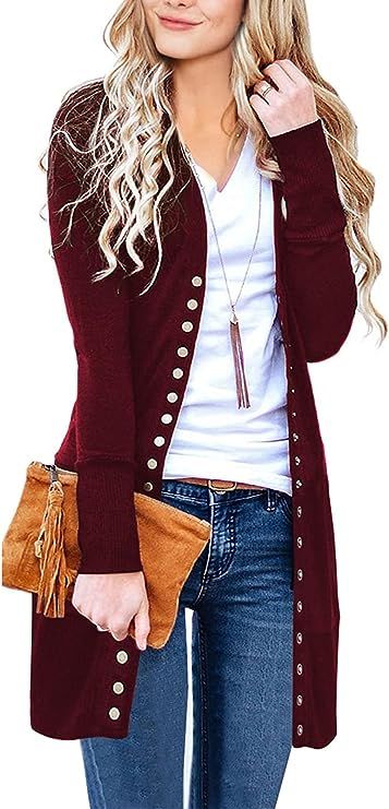 MEROKEETY Women's Long Sleeve Snap Button Down Solid Color Knit Ribbed Neckline Cardigans | Amazon (US)