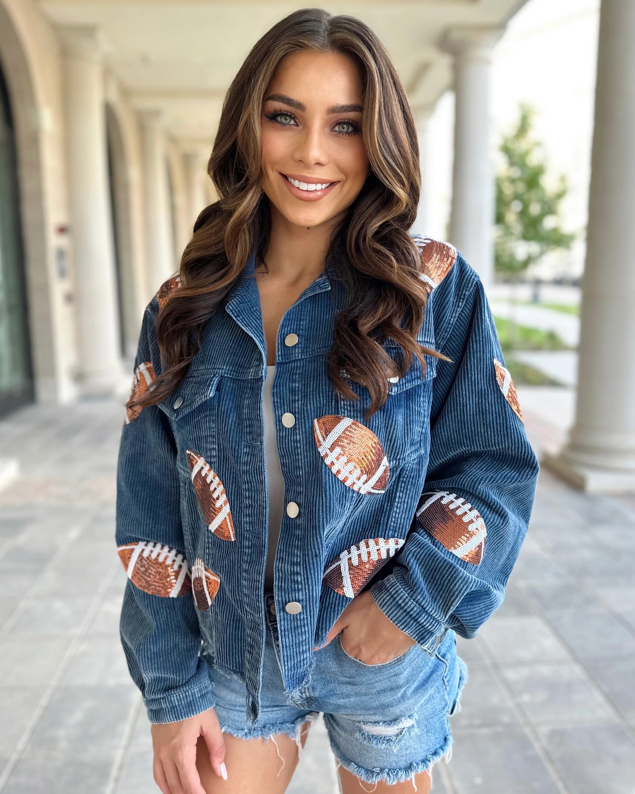 Deep Navy Corduroy Sequin Football Cropped Jacket | Live Love Gameday®