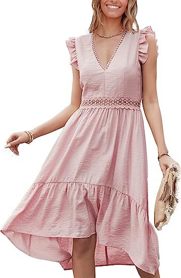 RONGKIM Womens Summer ElegantV Neck Strap Ruffle Sleeve Midi Dress Smocked Waist High Low Hem Flo... | Amazon (US)