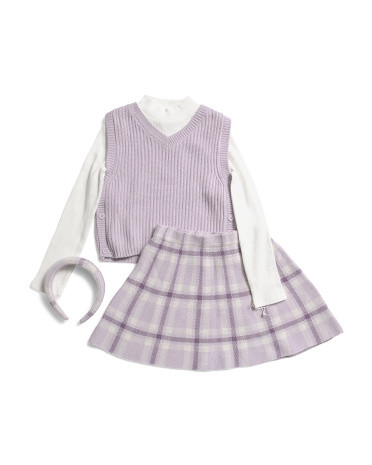 Girls 3pc Vest Long Sleeve Top And Skirt Set With Headband | TJ Maxx