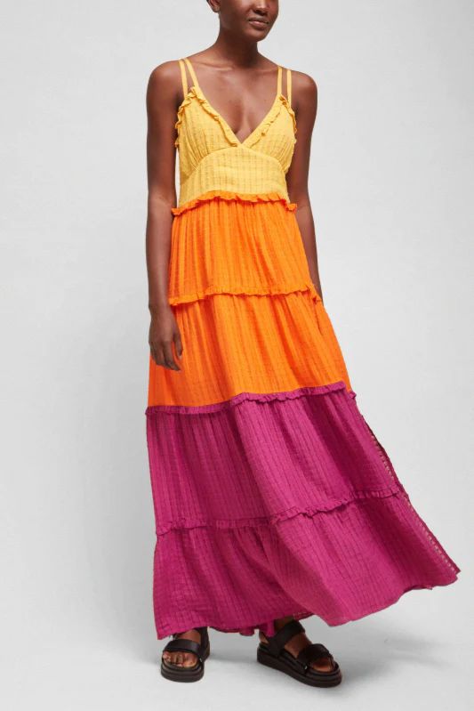 French Connection Women's Adira Birch Tiered Maxi Dress in Beeswax/Neon Orange/Vivid Viola 4 Lord &  | Lord & Taylor