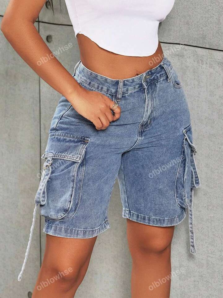 Y2K Street High Waist Flap Pocket Tape Detail Work Cargo Denim Bermuda Wide Leg Jean Shorts Summe... | SHEIN