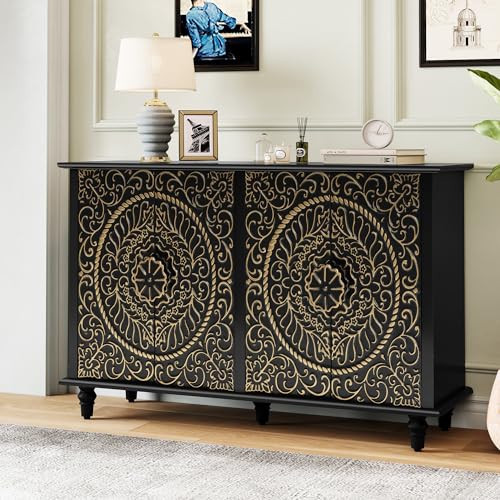 ARTPOWER Sideboard Buffet Cabinet with Storage,48" Vintage Decorative Accent Cabinet with Carved Flower Pattern,Wood Credenza with 4 Doors for Living Room, Hallway, Dining Room, Kitchen - Black | Amazon (US)