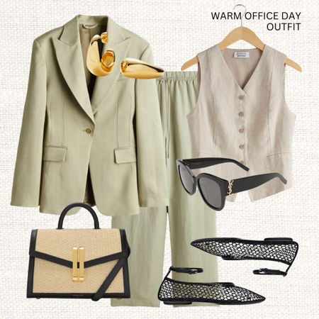 Warm office day 🥵👩🏼‍💻

‼️Don’t forget to tap 🖤 to favorite this post and come back later to shop 

Read the size guide/size reviews to pick the right size.

Sage green linen blazer, linen waistcoat, pull on pants, raffia hand bag, woven hand bag, demellier, summer work outfit, spring work outfit, saint laurent sunglasses,

#LTKworkwear #LTKSeasonal #LTKstyletip