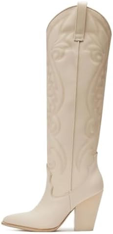 VOMIRA Knee High Cowboy Boots for Women Pointed Toe Chunky High Heels Pull-on Embroidered Boots W... | Amazon (US)