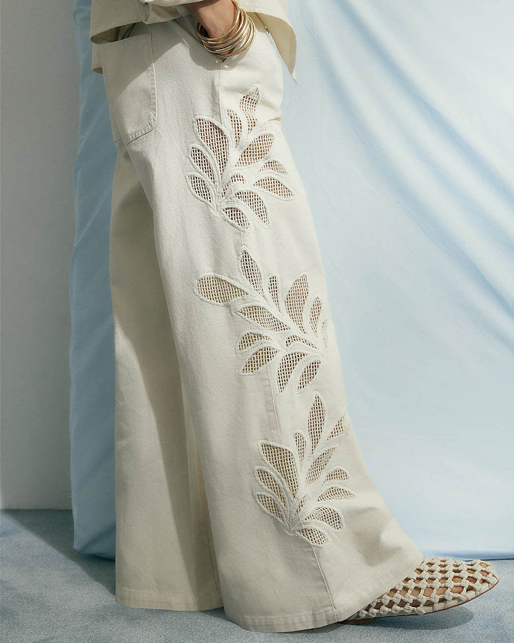 Cream Embroidered Wide Leg Jeans | River Island UK & IE
