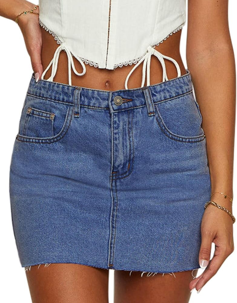KDF Women's Denim Skirt with Shorts Trendy Denim Skort Jean Skirt with Raw Hem & Pocket | Amazon (US)