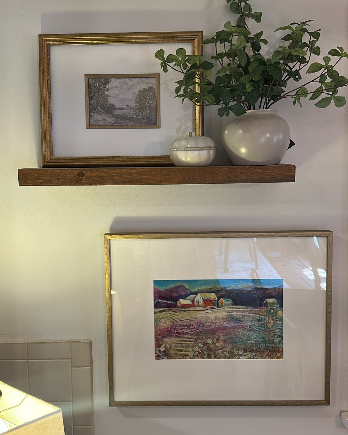 New shelf decor in the breakfast room! These frames and art look so expensive but are all Target or kohls!! Obsessed with the quail!
