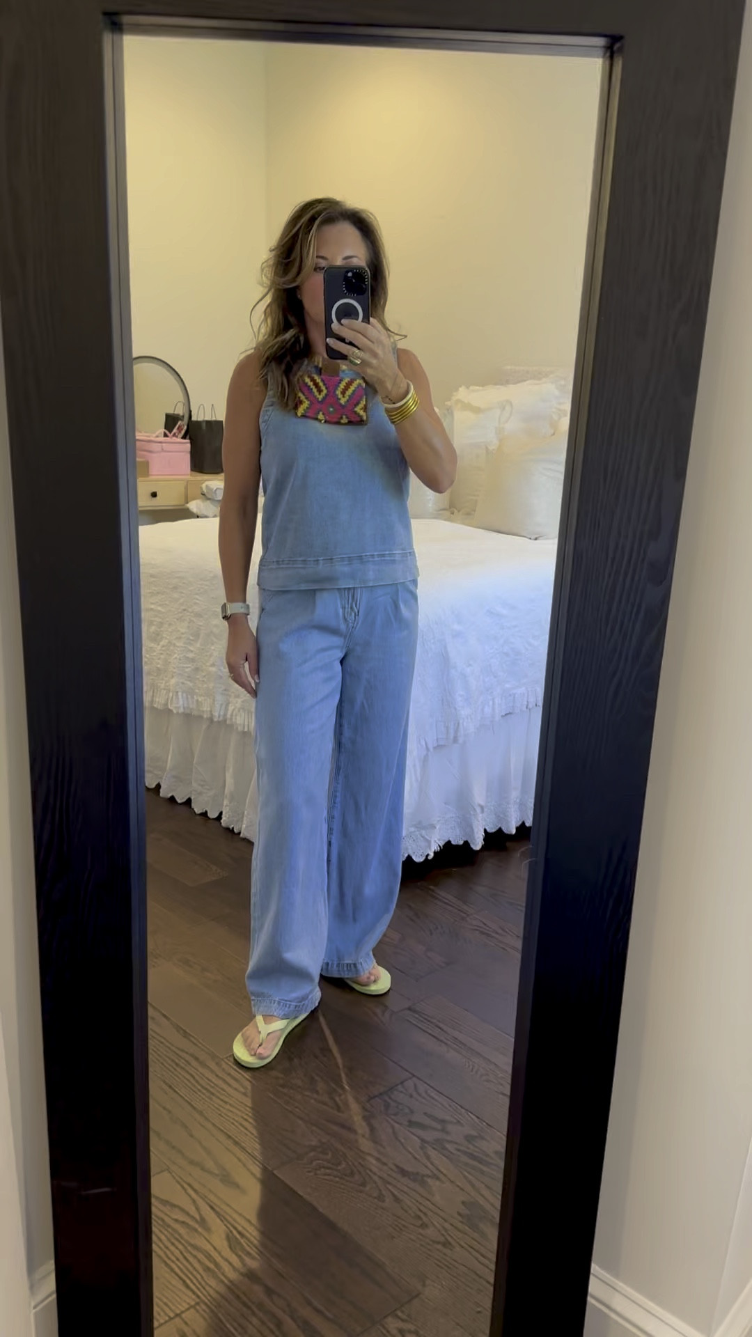 Everything denim paired with a fun necklace! 
I’m wearing a size 25 in the jeans. I recommend sizing down one size. I’m wearing a small in the top. 

#LTKOver40 #LTKFindsUnder100 #LTKVideo