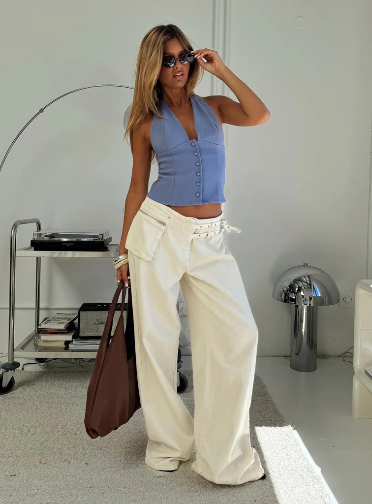 Paltrow Mid Rise Wide Leg Cargo Jeans Cream Petite | Princess Polly US