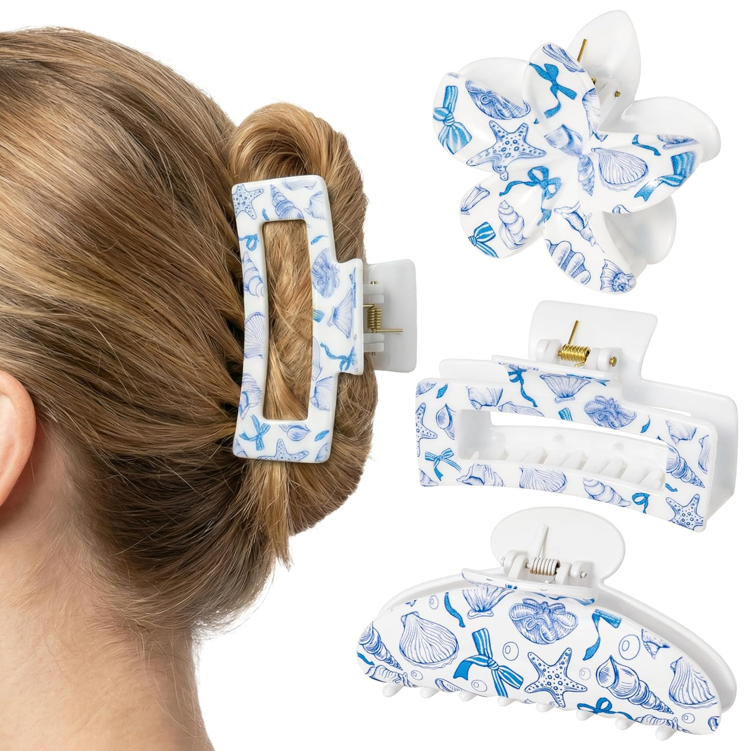 PANTIDE 3Pcs Blue Bow Starfish Seashell Hair Claw Clips for Women Girls - Summer Ocean Coastal Re... | Amazon (US)