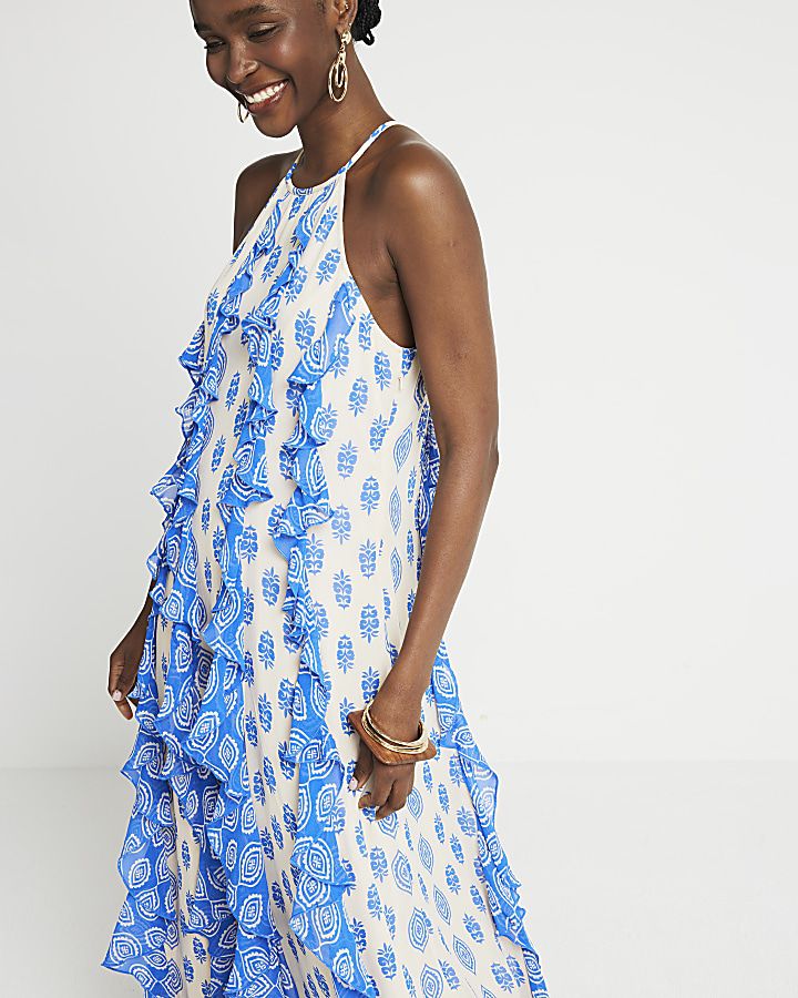 Blue geometric frill smock maxi dress | River Island (UK & IE)