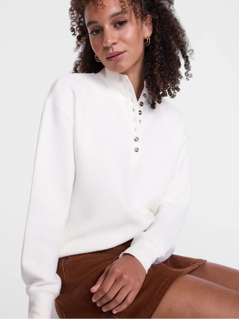 Scenario Women's and Women's Plus Waffle Knit Button Top with Long Sleeves, Sizes XS-4X | Walmart (US)