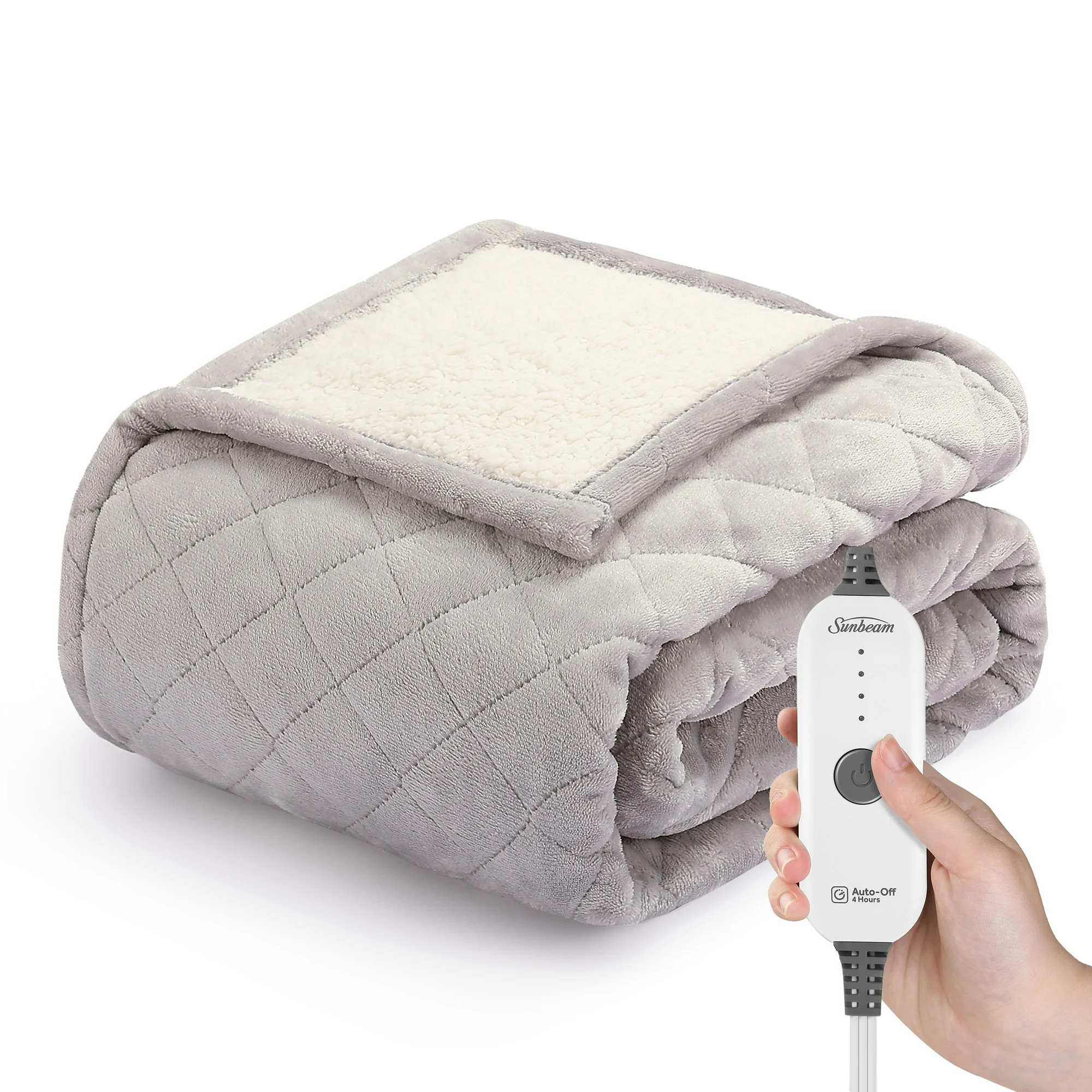 Sunbeam Dove Grey Quilted Velvet Reverse Sherpa Electric Heated Throw, 50" x 60", 4 Heat Settings... | Walmart (US)