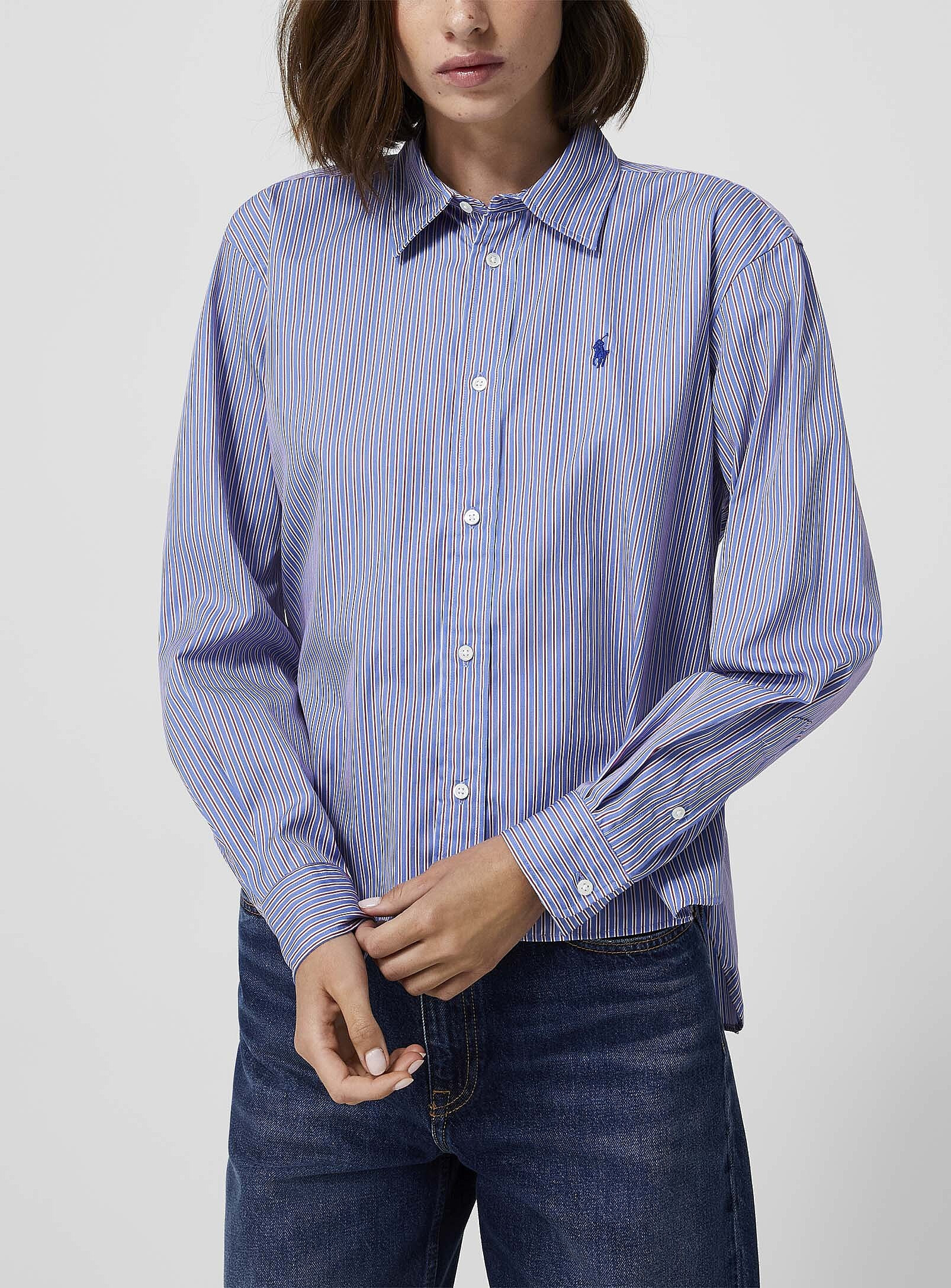 Polo Ralph Lauren - Striped cropped shirt (Women, Blue, SMALL) | Simons