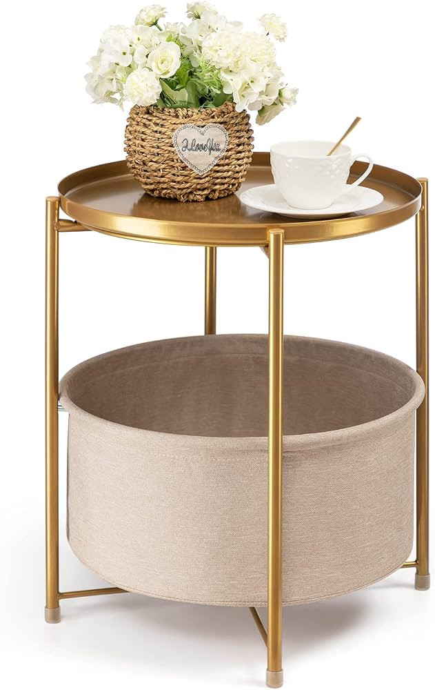 danpinera Round Side Table with Fabric Storage Basket, Metal Small Bedside Nightstand with Remova... | Amazon (US)