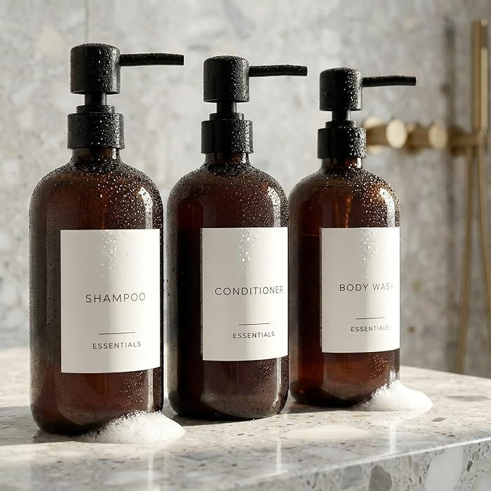Stylish Shampoo and Conditioner Dispenser Set of 3 - Modern 21oz Shower Soap PET Bottles with Pum... | Amazon (US)
