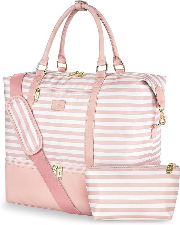 MATEIN Weekender Bag with Shoe Compartment, Pink Overnight Bags for Women Travel, Large Striped D... | Amazon (US)