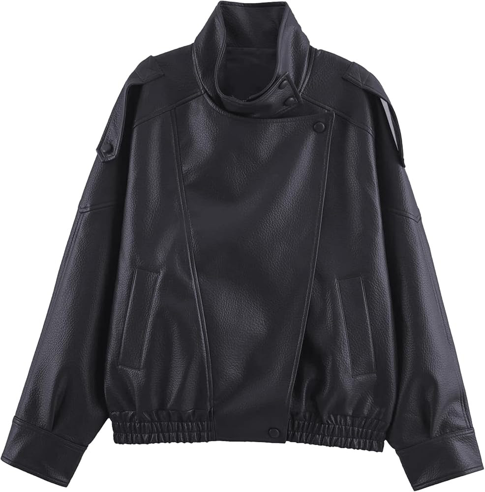 SeeLuNa Faux Leather Jacket Women High Collar Full Zip Elastic Hem Bomber Jackets Oversized Motor... | Amazon (US)