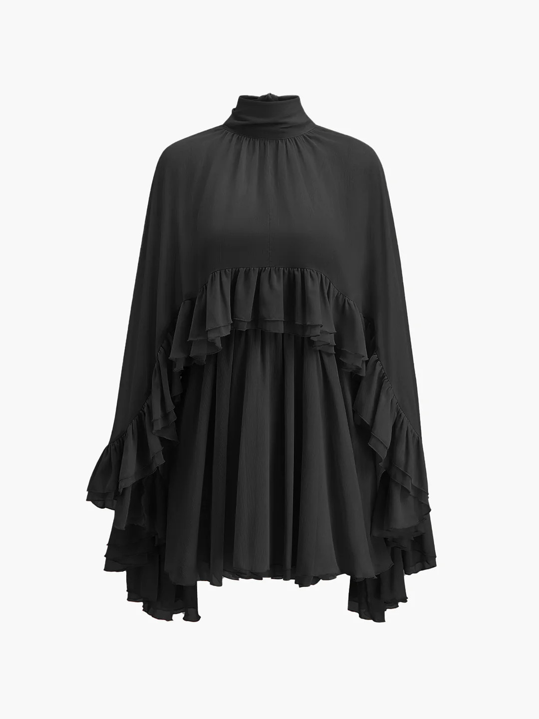 Semi-Sheer Chiffon Ruffle Dress With Outer Cape | Commense