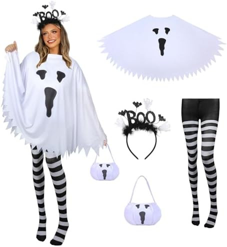 4 PCS Halloween Costume Set for Women Adult Ghost Costume, Ghost Poncho, Candy bag Headband and N... | Amazon (US)